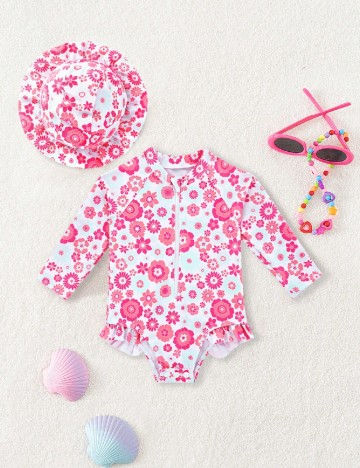 Costum de baie Shein Kids, alb/roz