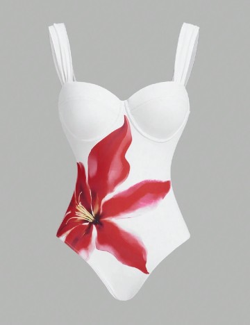 Costum de baie SHEIN, alb/rosu