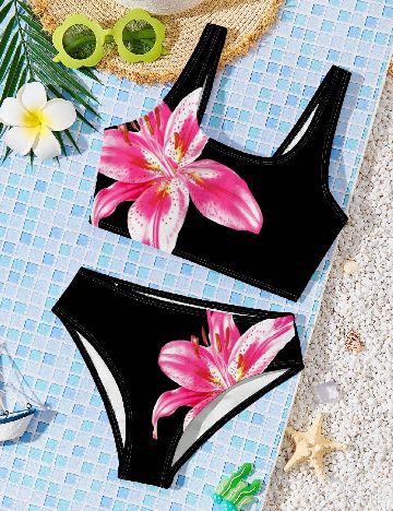 Costum de baie Shein Kids, negru/roz