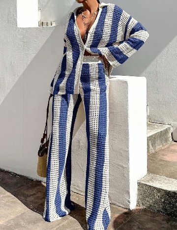 Compleu De Plaja SHEIN, alb/albastru