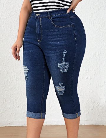 Pantaloni trei sferturi SHEIN CURVE, albastru