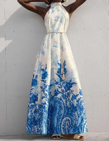 Rochie lunga Aveloria, alb/albastru