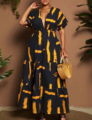 Rochie lunga SHEIN CURVE, negru/portocaliu