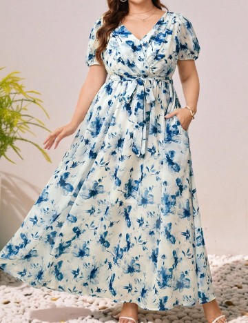 Rochie lunga SHEIN CURVE, albastru/alb