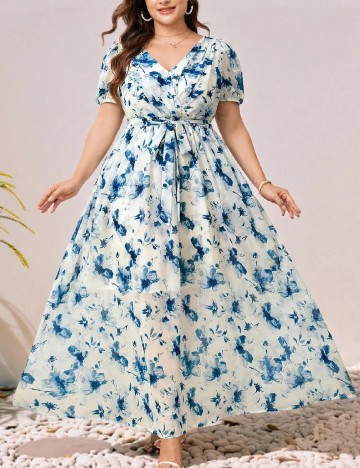 Rochie lunga SHEIN CURVE, albastru/alb