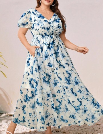 Rochie lunga SHEIN CURVE, albastru/alb