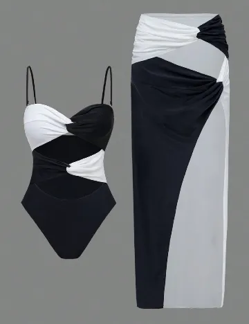 Costum de baie SHEIN, negru/alb