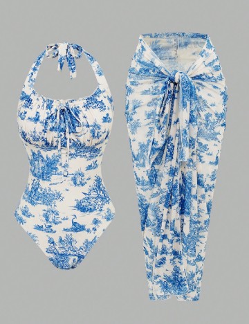 Costum de baie SHEIN, albastru/crem