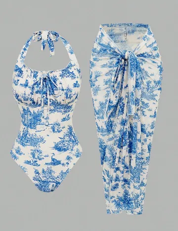 Costum de baie SHEIN, albastru/crem