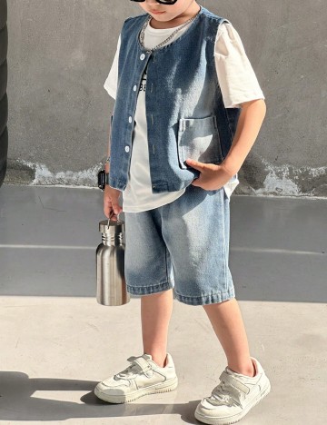 Compleu Shein Kids, albastru/alb