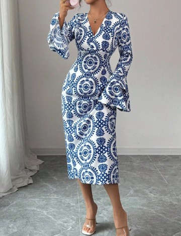 Rochie medie SHEIN, alb/albastru
