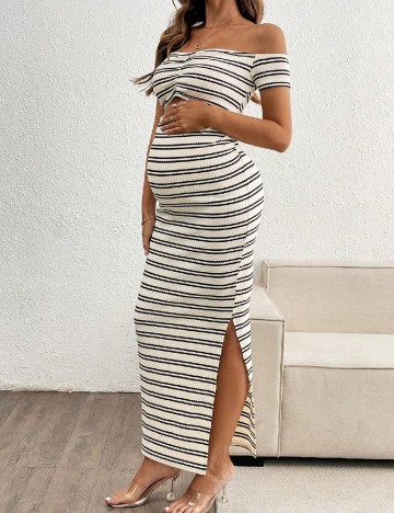 Rochie lunga SHEIN Maternity, ecru/negru