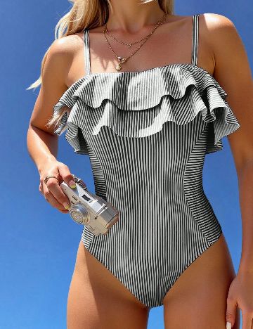 Costum de baie SHEIN, alb/negru