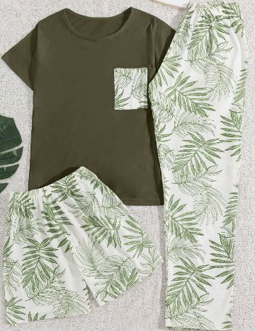 Pijama SHEIN, alb/verde