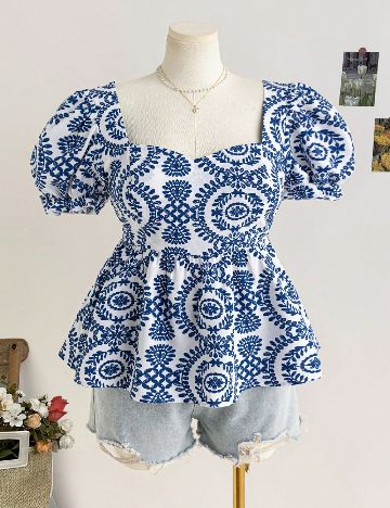 Bluza SHEIN CURVE, alb/albastru