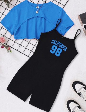 Set salopeta si top Shein Kids, negru/albastru