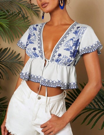 Top SHEIN, alb/albastru