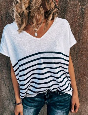 Tricou Oversize SHEIN, alb/bleumarin