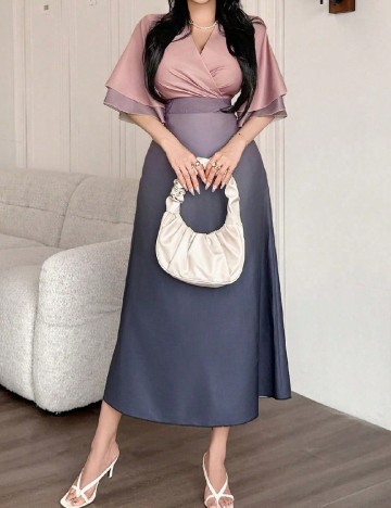 Rochie lunga Dazy, roz/bleumarin