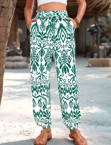 Pantaloni SHEIN, alb/verde