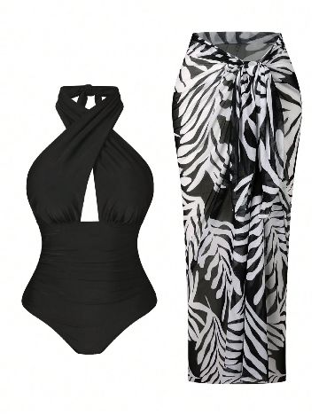 Costum de baie SHEIN CURVE, alb/negru