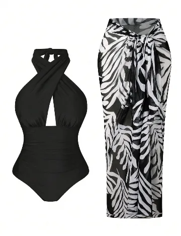 Costum de baie SHEIN CURVE, alb/negru