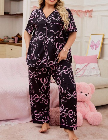 Pijama SHEIN CURVE, roz/negru