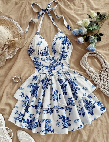 Rochie scurta SHEIN CURVE, alb/albastru