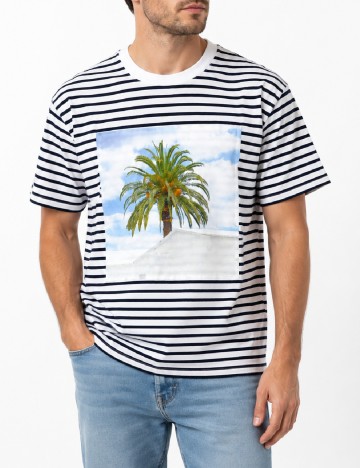 Tricou Pull&Bear, alb/bleumarin