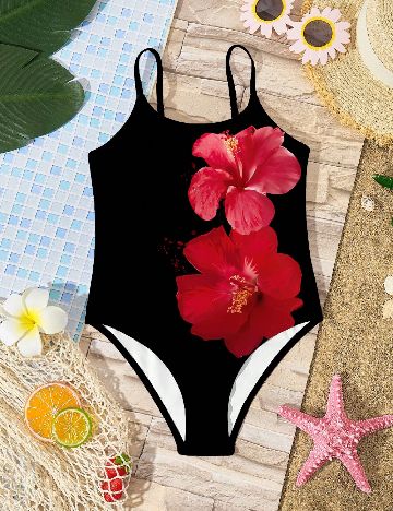 Costum de baie Shein Kids, negru/rosu