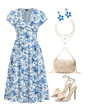 Rochie medie SHEIN, alb/albastru