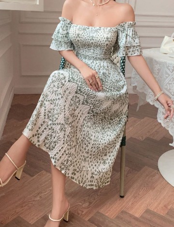Rochie medie Dazy, alb/verde