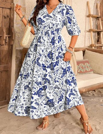 Rochie lunga SHEIN CURVE, alb/albastru