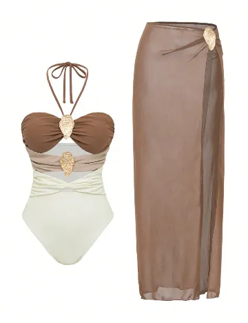 Costum de baie SHEIN, alb/maro