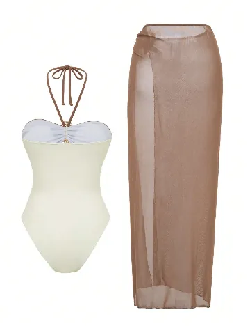 Costum de baie SHEIN, alb/maro
