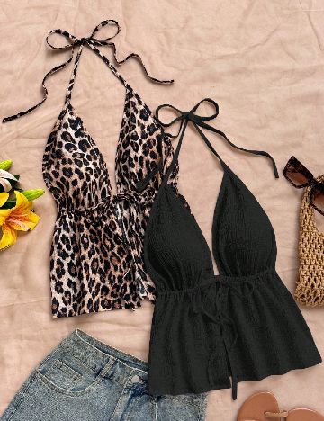 Set topuri 2 bucati SHEIN, animal print/negru