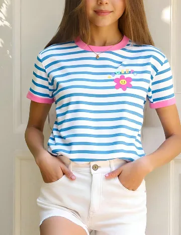 Tricou Shein Kids, albastru/alb