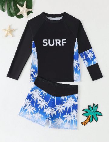Costum de baie Shein Kids, negru/albastru