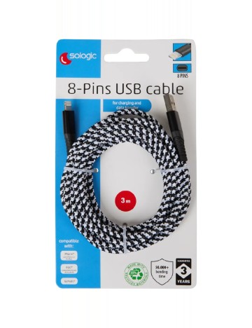 Cablu de încărcare și date cu 8 pini Sologic, alb/negru