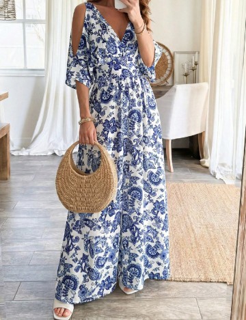 Rochie lunga SHEIN, albastru/alb