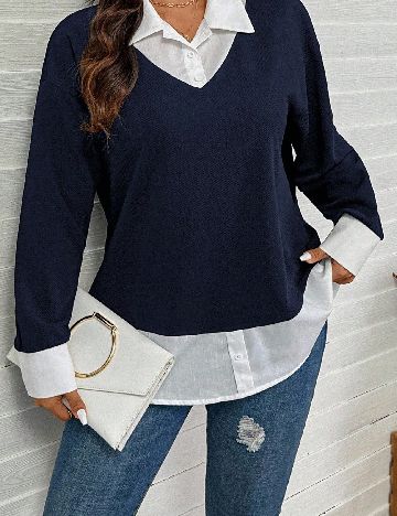 Bluza SHEIN CURVE, bleumarin/alb
