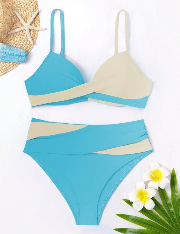 Costum de baie SHEIN, albastru/crem