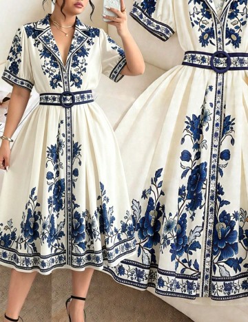 Rochie medie SHEIN CURVE, alb/albastru