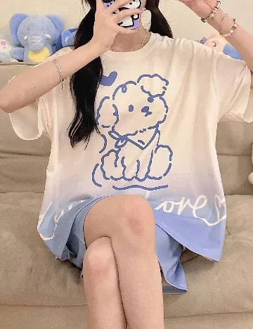 Pijama SHEIN, ecru/albastru