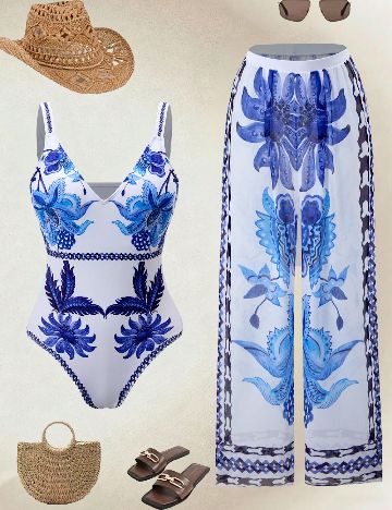 Costum de baie SHEIN, alb/albastru