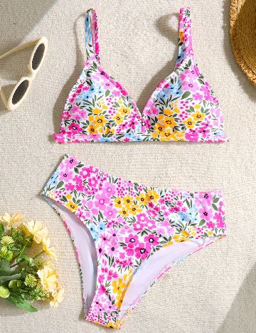Costum de baie Shein Kids, roz floral