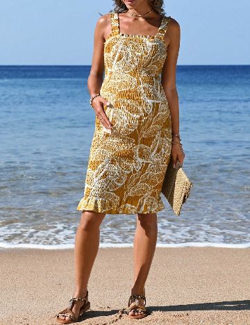 Rochie scurta SHEIN Maternity, mustar/alb