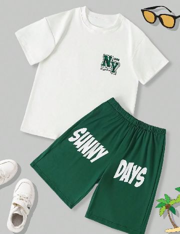 Compleu Shein Kids, verde/alb