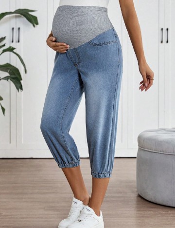 Pantaloni trei sferturi SHEIN Maternity, albastru/gri
