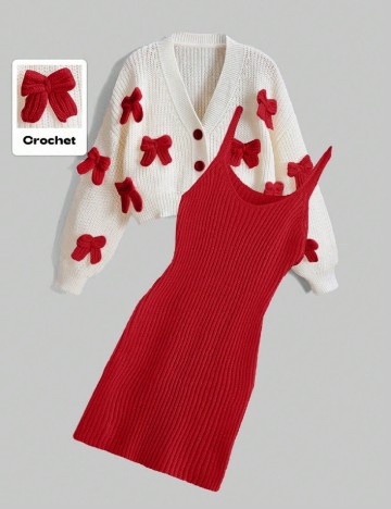 Set Cardigan si rochie Romwe, alb/rosu